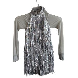 Weissman Silver Fringe Sequined Dance Skating Dress Costume size MC Flapper Tap